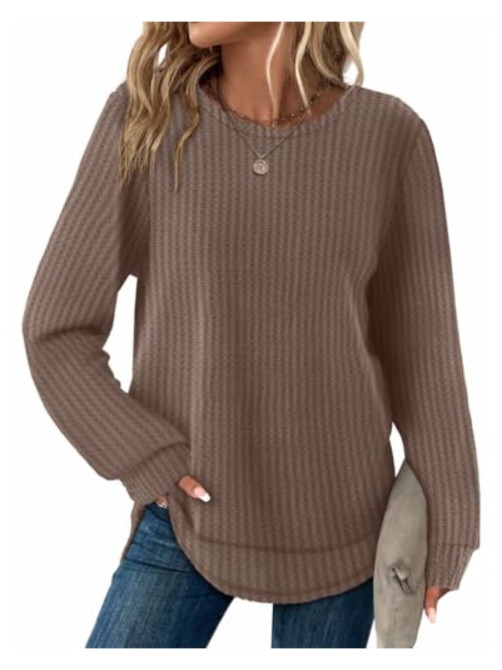 Women's Long Sleeve Waffle Knit Tunic Curved Hem Loose Fit